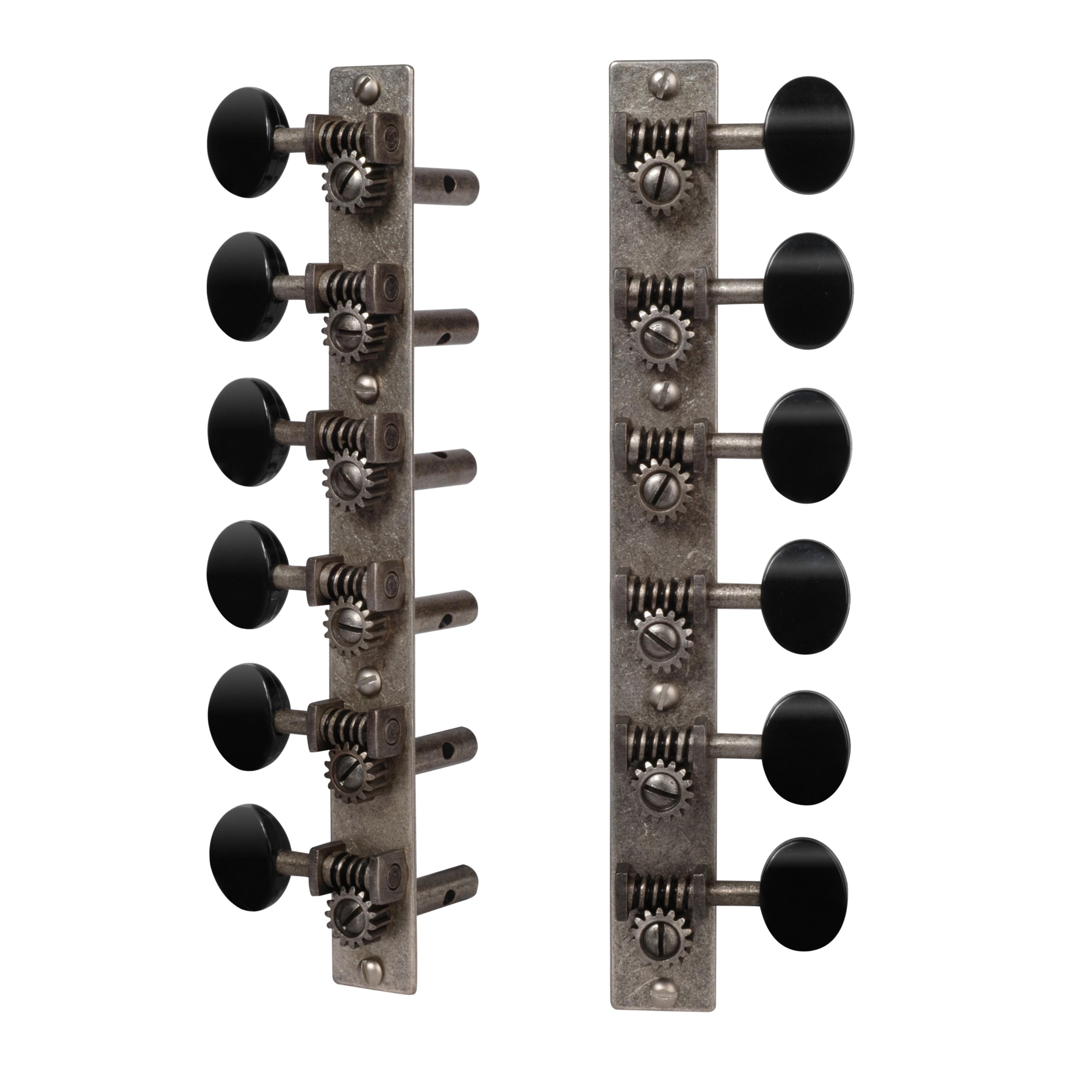 Golden Age Restoration Tuners for 12-String Slotted Peghead Guitar, Relic nickel with black knobs