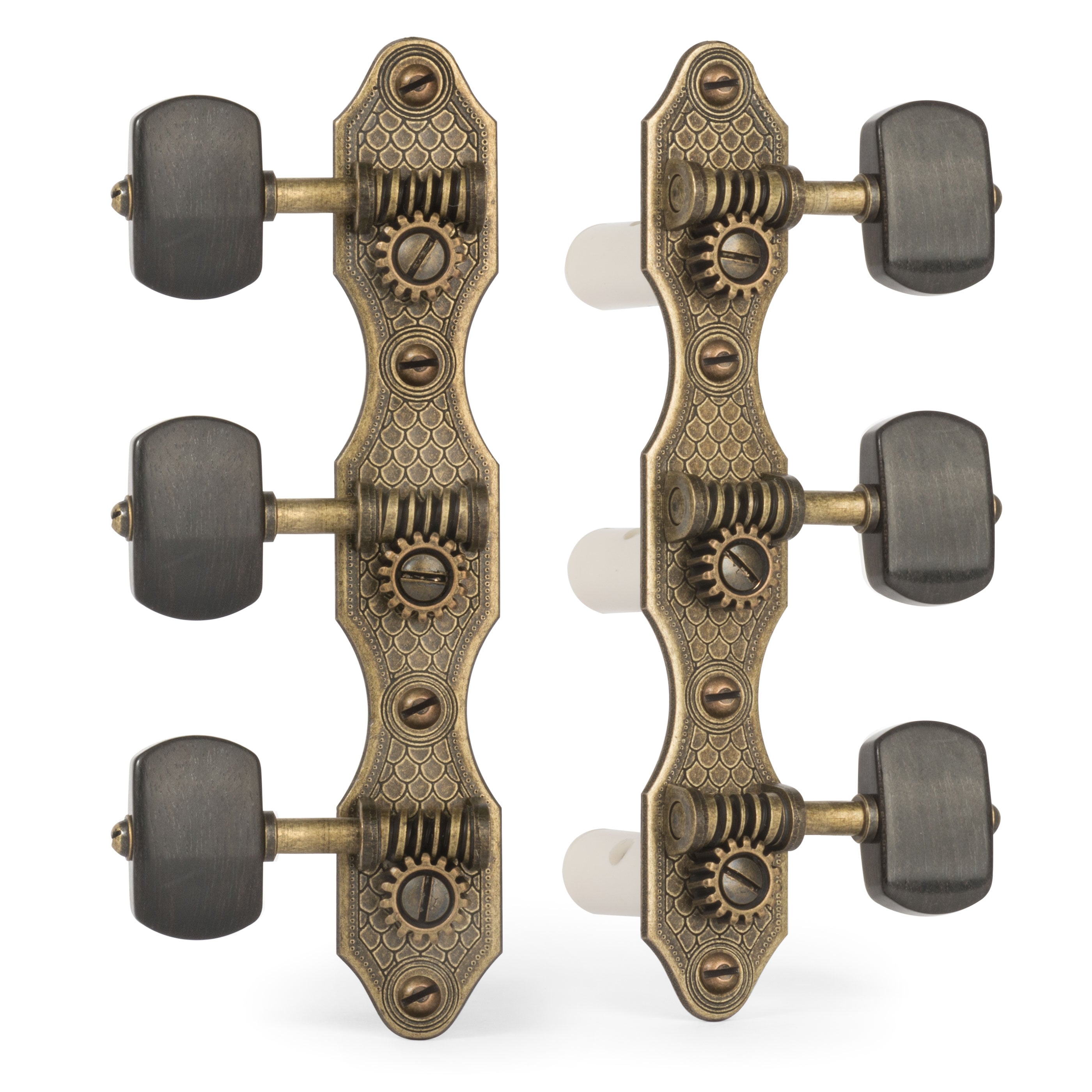Golden Age Classical Guitar Tuners, Relic brass with ebony knobs