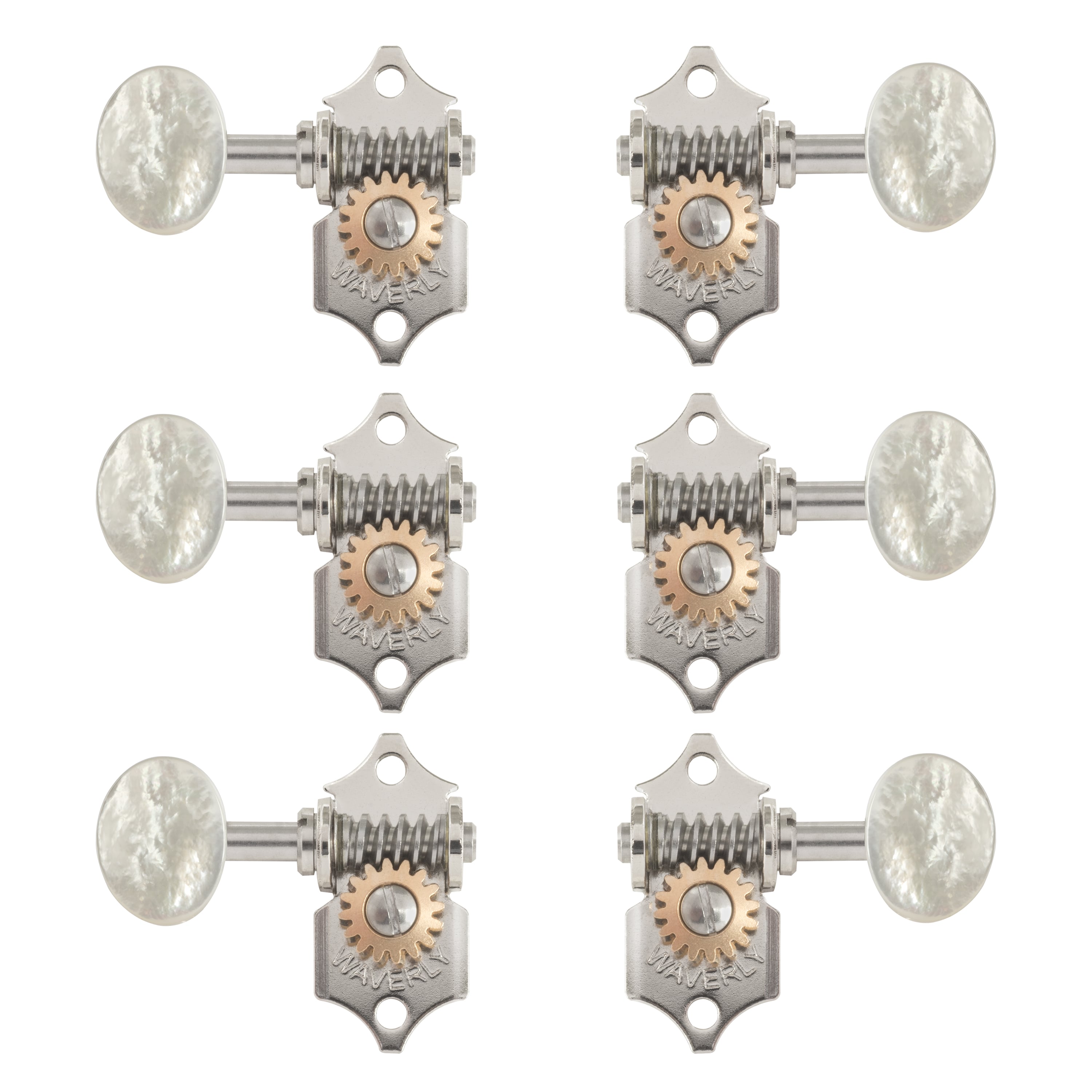 Waverly Guitar Tuners with Pearl Knobs for Solid Pegheads, Nickel, 3L/3R