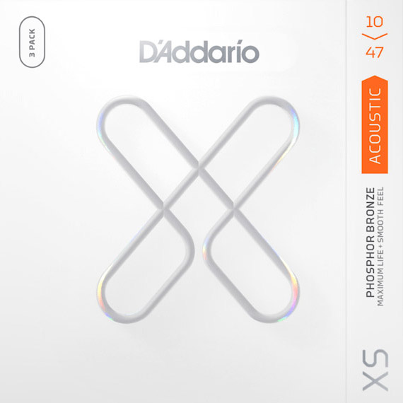 D'Addario XS Phosphor Bronze Acoustic Guitar Strings, 3-pack, Extra Light (XSAPB1047-3P)