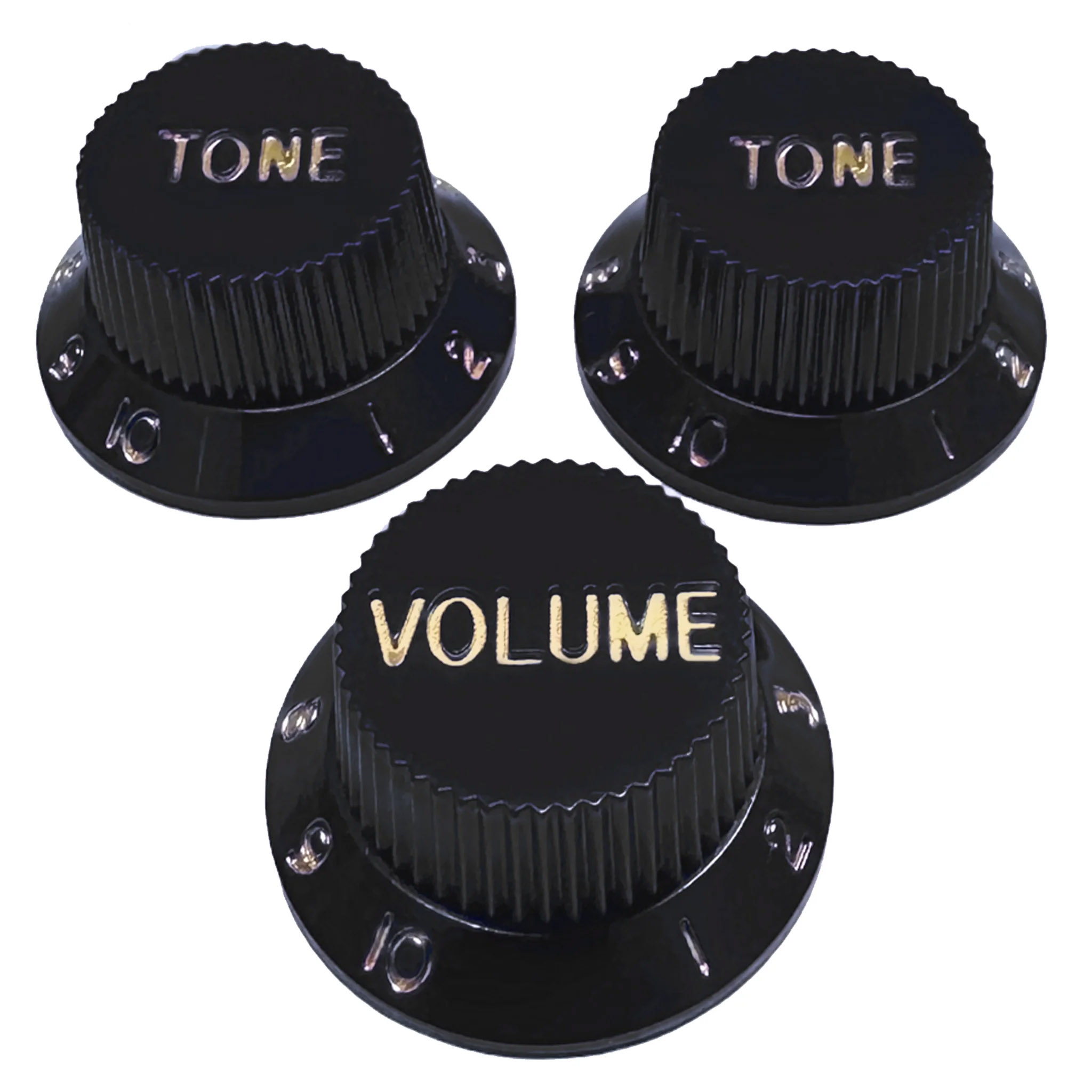 StewMac Volume + Tone Knobs for Strat - Set of 3, Black with Gold Type