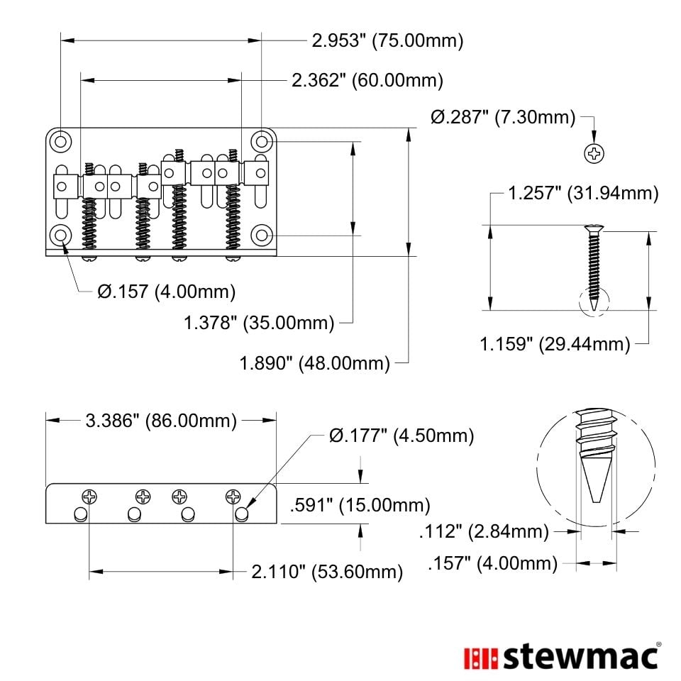 StewMac 4-Screw Bass Bridge